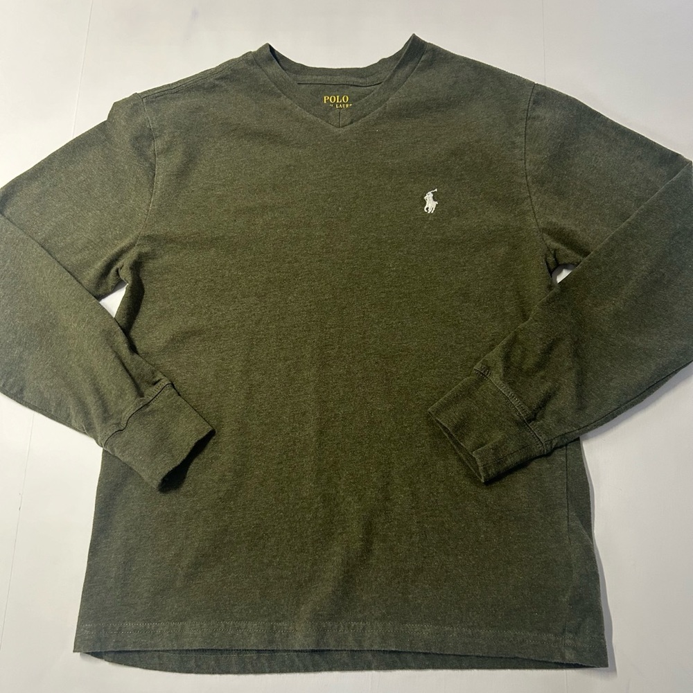 Polo Ralph Lauren boys, size medium 10/12, V-neck long sleeve shirt army, green‎